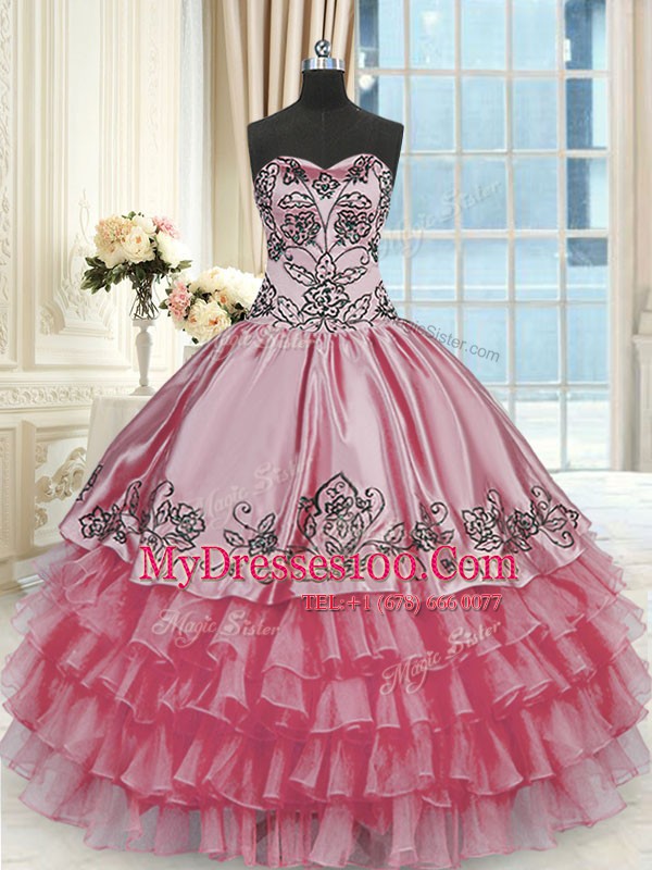 Nice Sweetheart Sleeveless Quinceanera Dresses Floor Length Beading and Embroidery and Ruffled Layers Rose Pink Organza and Taffeta
