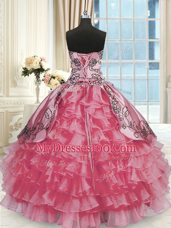 Nice Sweetheart Sleeveless Quinceanera Dresses Floor Length Beading and Embroidery and Ruffled Layers Rose Pink Organza and Taffeta