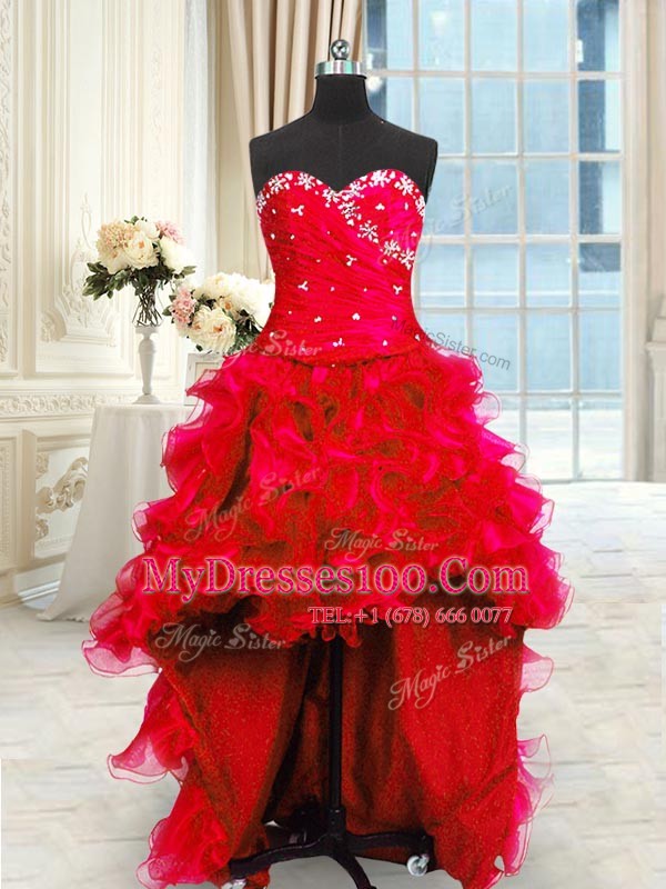 Most Popular Four Piece Floor Length Red Quinceanera Gowns Sweetheart Sleeveless Lace Up