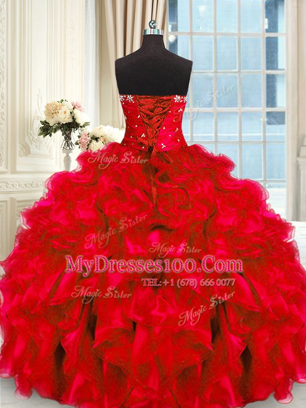 Most Popular Four Piece Floor Length Red Quinceanera Gowns Sweetheart Sleeveless Lace Up