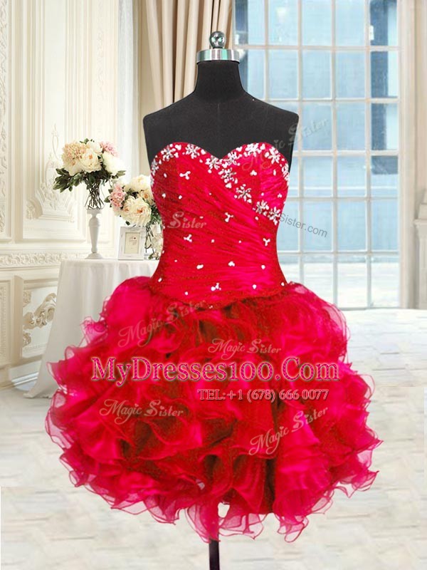 Most Popular Four Piece Floor Length Red Quinceanera Gowns Sweetheart Sleeveless Lace Up