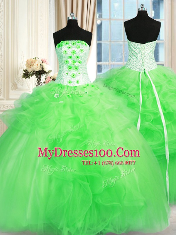 Eye-catching Tulle Lace Up 15 Quinceanera Dress Sleeveless Floor Length Pick Ups and Hand Made Flower