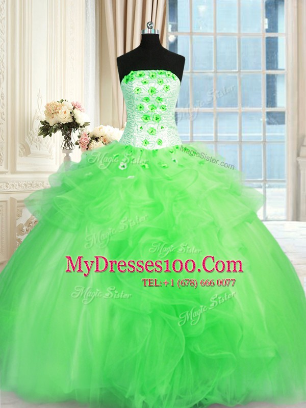 Eye-catching Tulle Lace Up 15 Quinceanera Dress Sleeveless Floor Length Pick Ups and Hand Made Flower