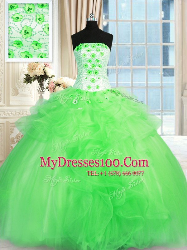 Eye-catching Tulle Lace Up 15 Quinceanera Dress Sleeveless Floor Length Pick Ups and Hand Made Flower