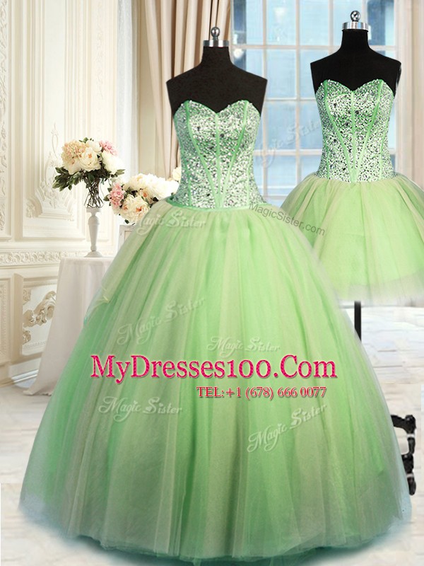 Captivating Three Piece Yellow Green Tulle Lace Up Quinceanera Gowns Sleeveless Floor Length Beading