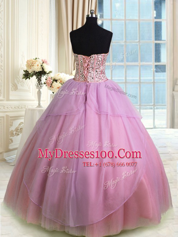 Superior Three Piece Ball Gowns Quinceanera Dress Lavender Sweetheart Tulle Sleeveless Floor Length Lace Up