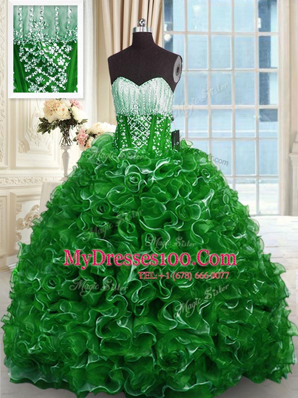 Adorable With Train Lace Up Sweet 16 Quinceanera Dress Green for Military Ball and Sweet 16 and Quinceanera with Beading and Ruffles Brush Train