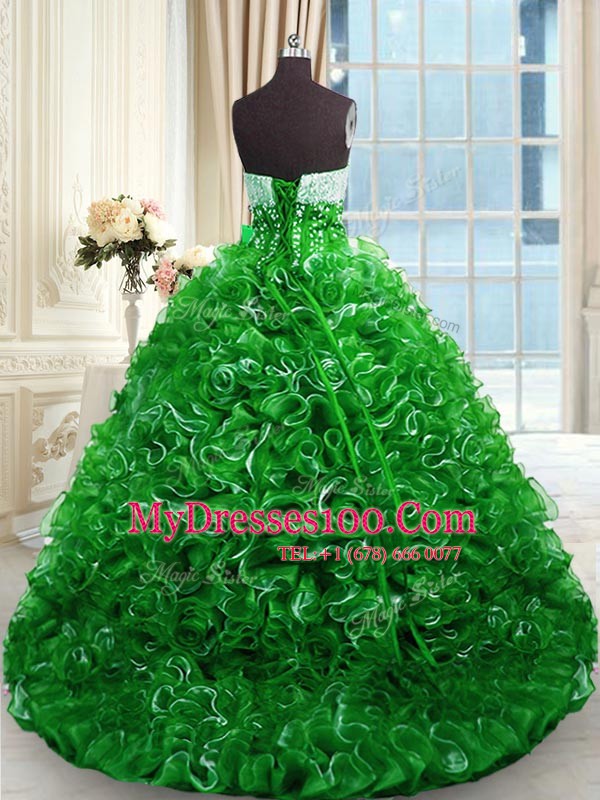 Adorable With Train Lace Up Sweet 16 Quinceanera Dress Green for Military Ball and Sweet 16 and Quinceanera with Beading and Ruffles Brush Train