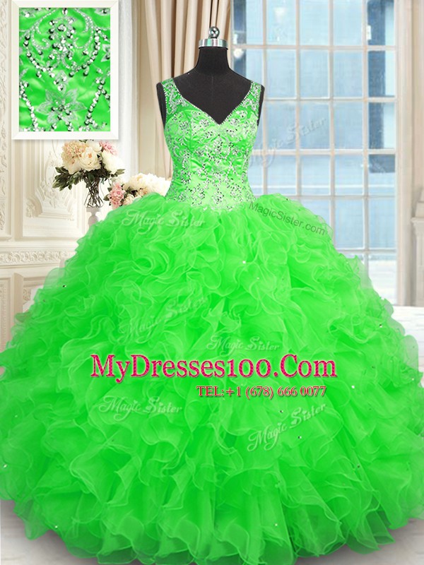 Floor Length Green Vestidos de Quinceanera V-neck Sleeveless Zipper