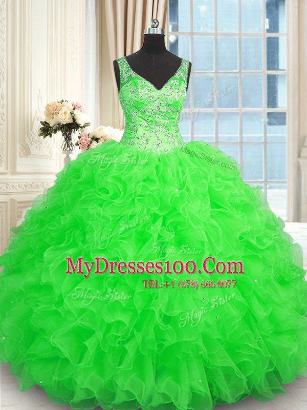 Floor Length Green Vestidos de Quinceanera V-neck Sleeveless Zipper
