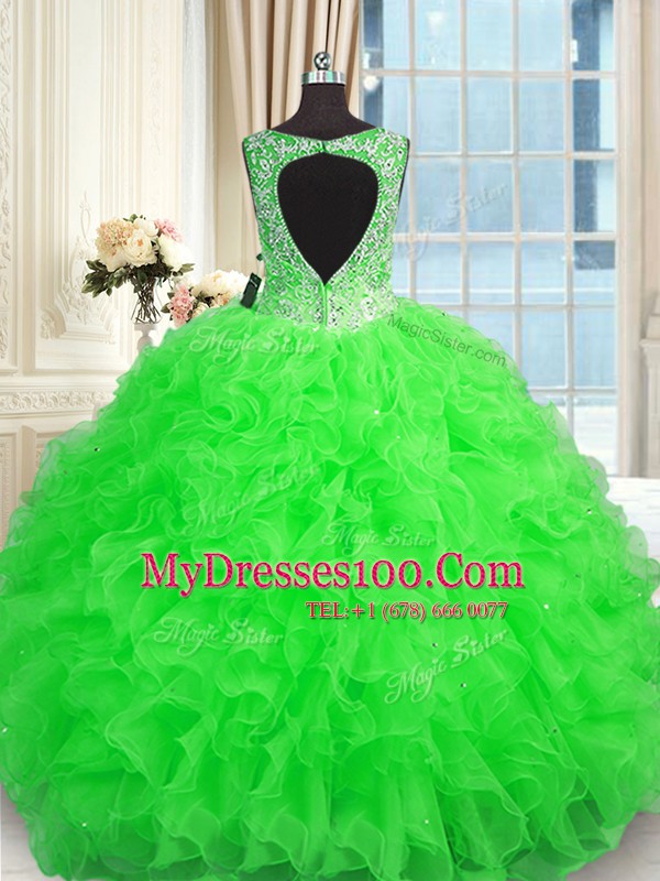 Floor Length Green Vestidos de Quinceanera V-neck Sleeveless Zipper