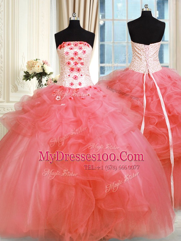 Sumptuous Sleeveless Lace Up Floor Length Pick Ups and Hand Made Flower 15 Quinceanera Dress