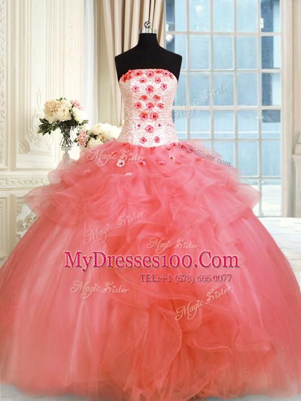 Sumptuous Sleeveless Lace Up Floor Length Pick Ups and Hand Made Flower 15 Quinceanera Dress