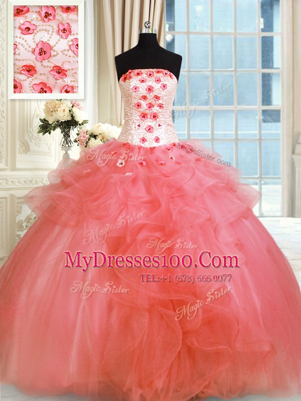 Sumptuous Sleeveless Lace Up Floor Length Pick Ups and Hand Made Flower 15 Quinceanera Dress