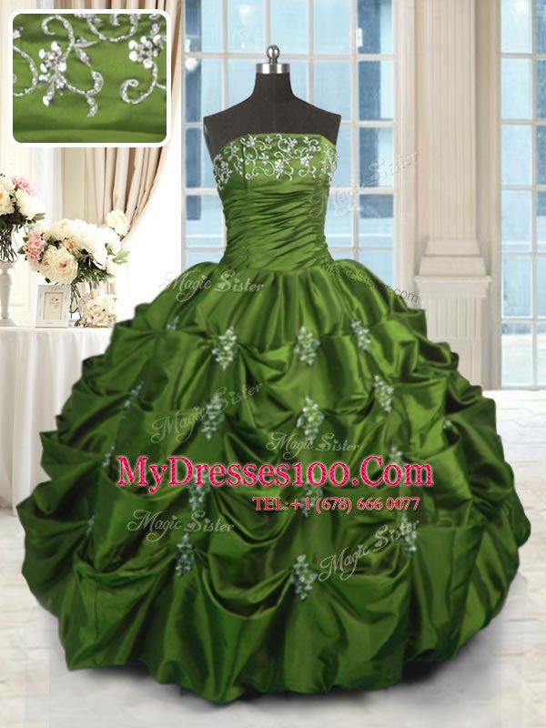 Glamorous Strapless Sleeveless Quince Ball Gowns Floor Length Beading and Appliques and Embroidery and Pick Ups Green Taffeta