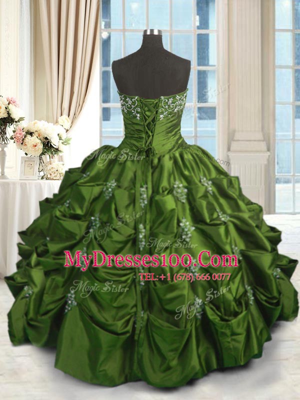 Glamorous Strapless Sleeveless Quince Ball Gowns Floor Length Beading and Appliques and Embroidery and Pick Ups Green Taffeta