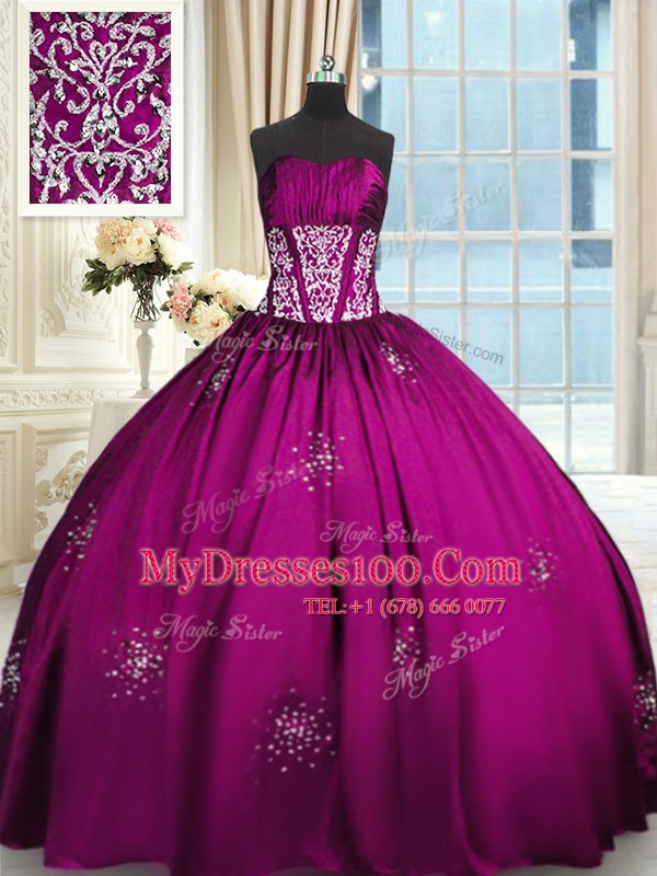 Floor Length Fuchsia Quince Ball Gowns Taffeta Sleeveless Beading and Appliques and Ruching