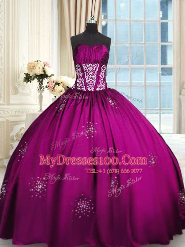 Floor Length Fuchsia Quince Ball Gowns Taffeta Sleeveless Beading and Appliques and Ruching