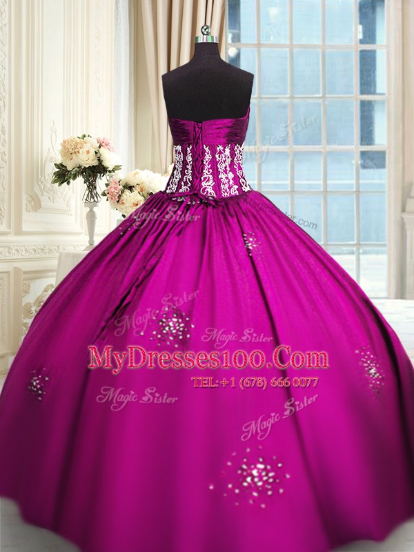 Floor Length Fuchsia Quince Ball Gowns Taffeta Sleeveless Beading and Appliques and Ruching