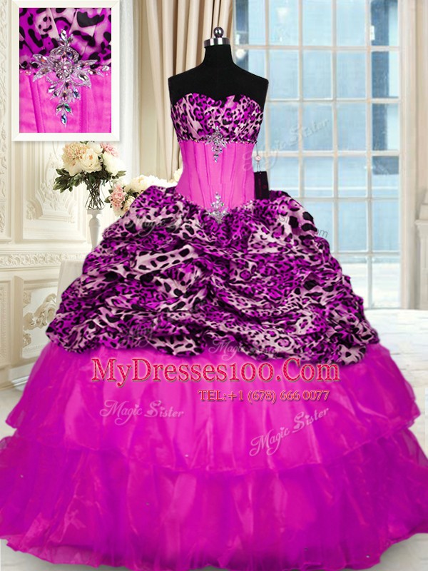 Sophisticated Organza and Printed Sleeveless 15th Birthday Dress Sweep Train and Beading and Ruffled Layers and Sequins