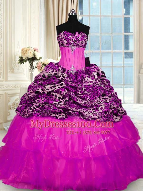 Sophisticated Organza and Printed Sleeveless 15th Birthday Dress Sweep Train and Beading and Ruffled Layers and Sequins