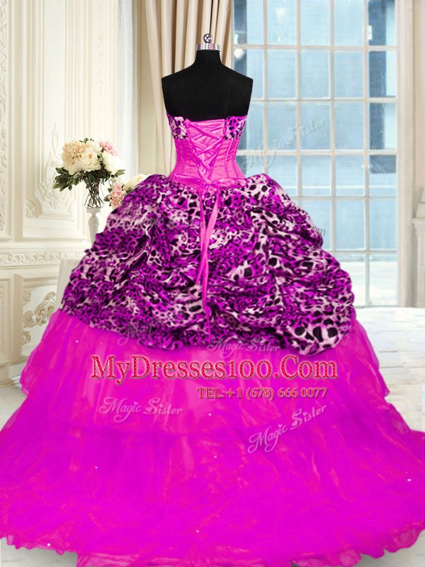 Sophisticated Organza and Printed Sleeveless 15th Birthday Dress Sweep Train and Beading and Ruffled Layers and Sequins