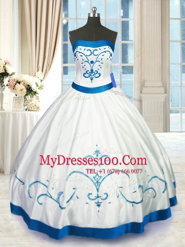 Ball Gowns Sweet 16 Quinceanera Dress White Strapless Satin Sleeveless Floor Length Lace Up