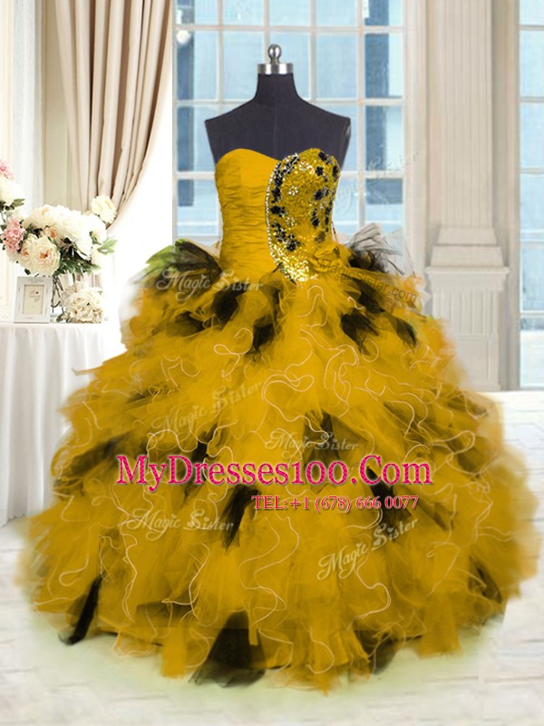 Fantastic Beading and Ruffles Quinceanera Gown Gold Lace Up Sleeveless Floor Length