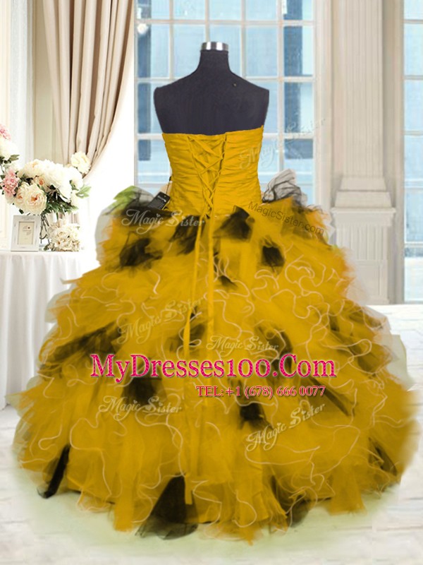 Fantastic Beading and Ruffles Quinceanera Gown Gold Lace Up Sleeveless Floor Length