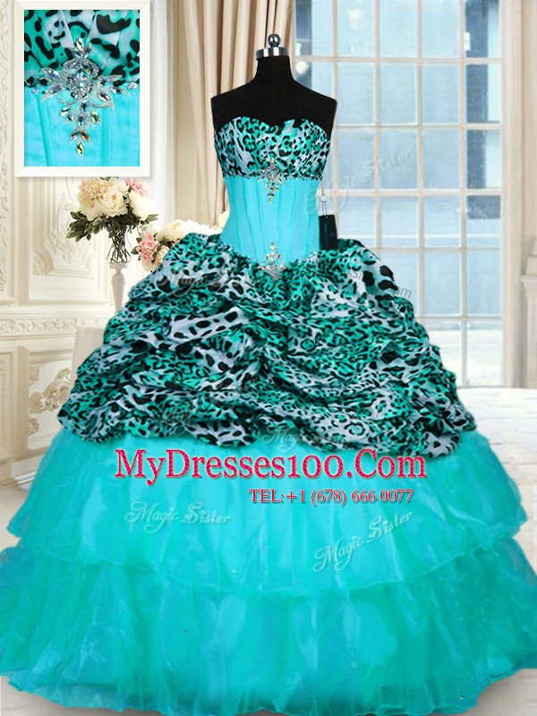 Aqua Blue Ball Gowns Organza and Printed Strapless Sleeveless Beading and Ruffled Layers Lace Up Sweet 16 Dresses Sweep Train