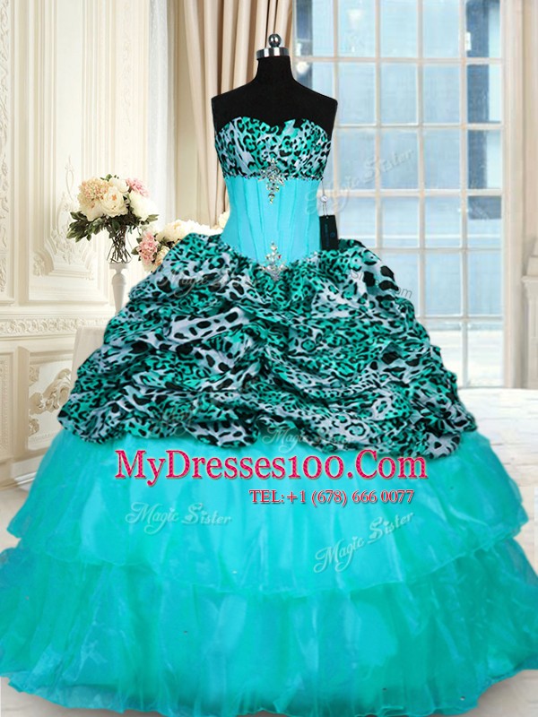 Aqua Blue Ball Gowns Organza and Printed Strapless Sleeveless Beading and Ruffled Layers Lace Up Sweet 16 Dresses Sweep Train