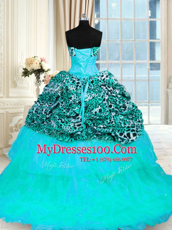 Aqua Blue Ball Gowns Organza and Printed Strapless Sleeveless Beading and Ruffled Layers Lace Up Sweet 16 Dresses Sweep Train