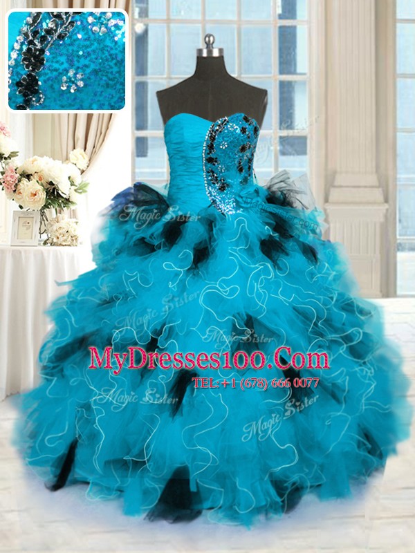 Beading and Ruffles Quinceanera Dresses Blue And Black Lace Up Sleeveless Floor Length