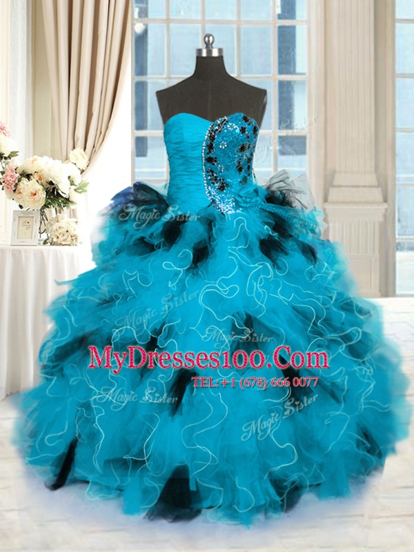 Beading and Ruffles Quinceanera Dresses Blue And Black Lace Up Sleeveless Floor Length