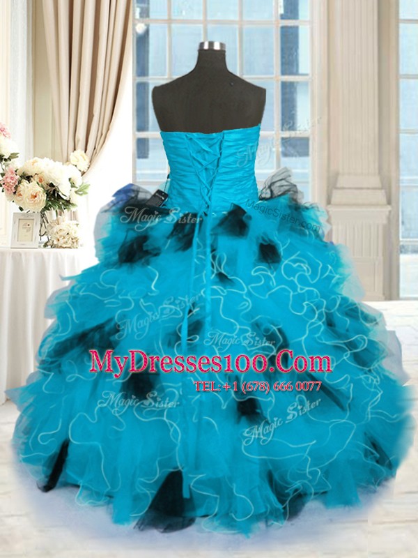 Beading and Ruffles Quinceanera Dresses Blue And Black Lace Up Sleeveless Floor Length