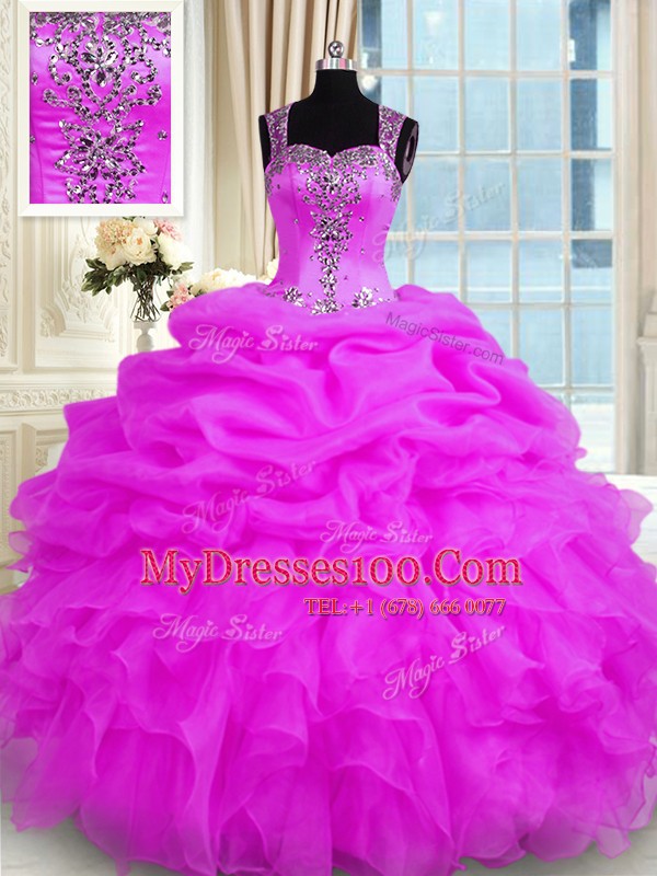 Fuchsia Organza Zipper Vestidos de Quinceanera Sleeveless Floor Length Beading and Ruffles