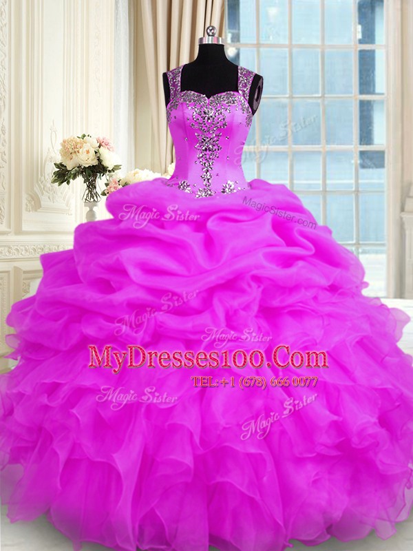 Fuchsia Organza Zipper Vestidos de Quinceanera Sleeveless Floor Length Beading and Ruffles