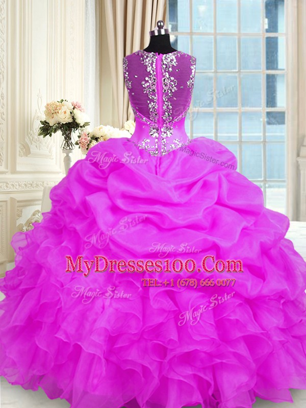 Fuchsia Organza Zipper Vestidos de Quinceanera Sleeveless Floor Length Beading and Ruffles