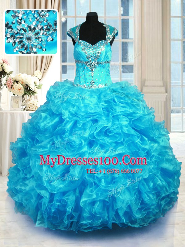 Straps Cap Sleeves Organza Quinceanera Gown Beading and Ruffles Lace Up