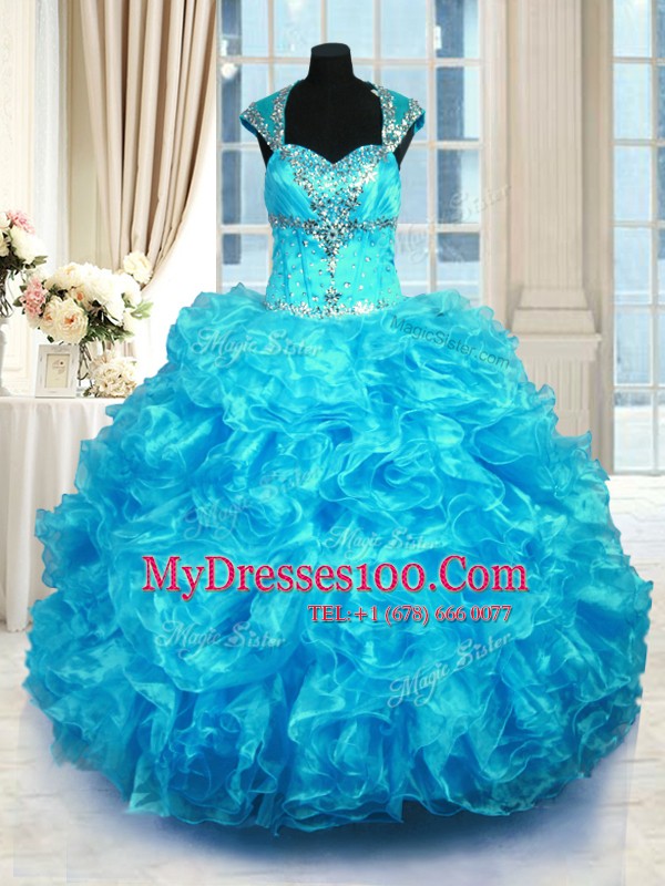 Straps Cap Sleeves Organza Quinceanera Gown Beading and Ruffles Lace Up