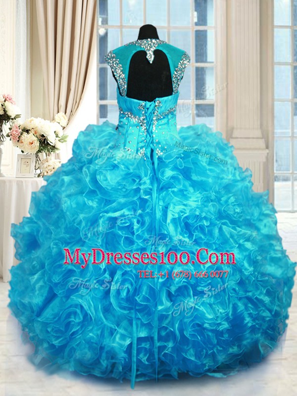 Straps Cap Sleeves Organza Quinceanera Gown Beading and Ruffles Lace Up