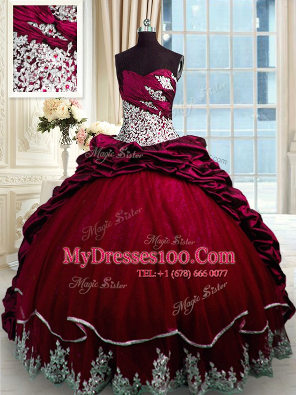 Ideal Sweetheart Sleeveless Taffeta Quinceanera Dresses Beading and Appliques and Pick Ups Brush Train Lace Up