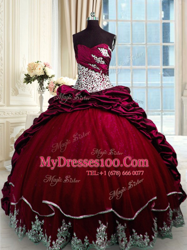 Ideal Sweetheart Sleeveless Taffeta Quinceanera Dresses Beading and Appliques and Pick Ups Brush Train Lace Up