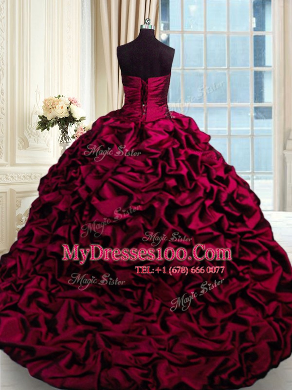 Ideal Sweetheart Sleeveless Taffeta Quinceanera Dresses Beading and Appliques and Pick Ups Brush Train Lace Up