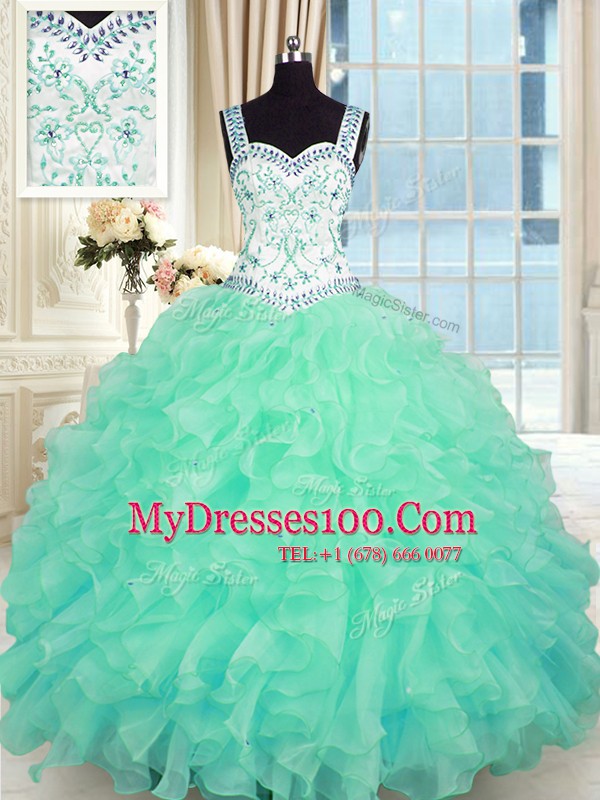 Luxurious Sleeveless Lace Up Floor Length Beading and Appliques and Ruffles Quince Ball Gowns