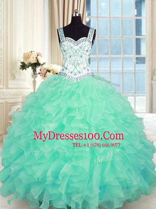 Luxurious Sleeveless Lace Up Floor Length Beading and Appliques and Ruffles Quince Ball Gowns