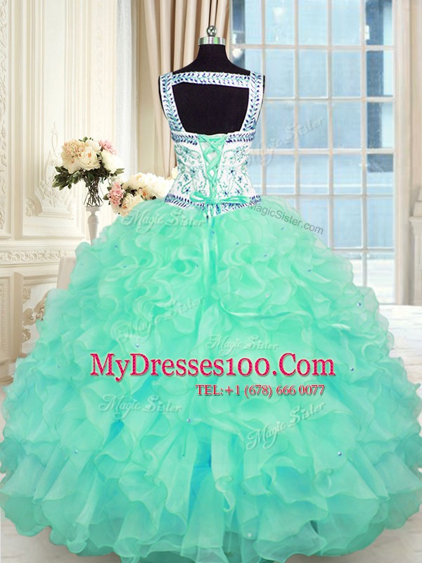 Luxurious Sleeveless Lace Up Floor Length Beading and Appliques and Ruffles Quince Ball Gowns