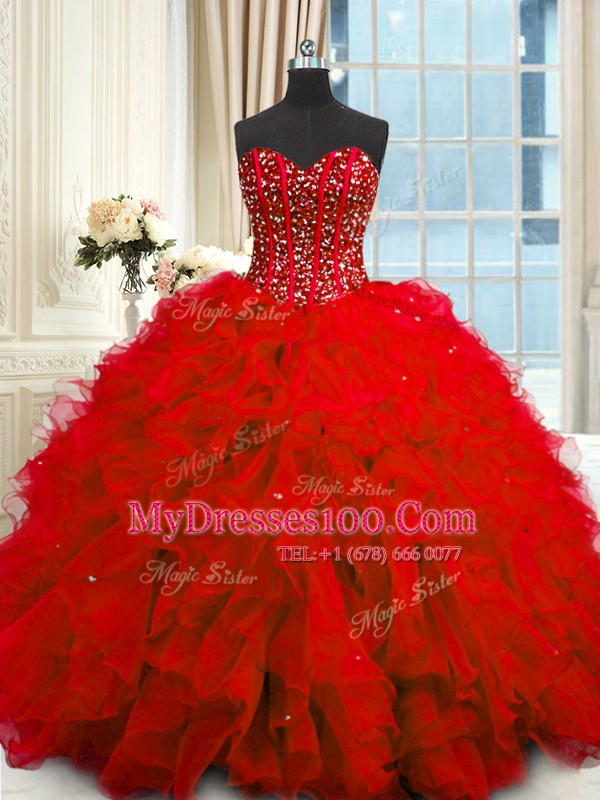 Affordable Sleeveless Beading and Ruffles and Sequins Lace Up 15th Birthday Dress