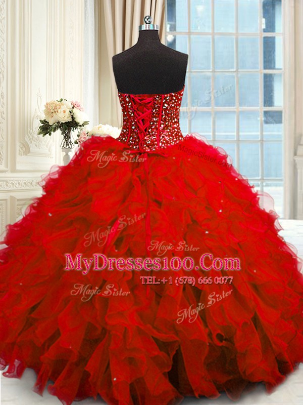 Affordable Sleeveless Beading and Ruffles and Sequins Lace Up 15th Birthday Dress