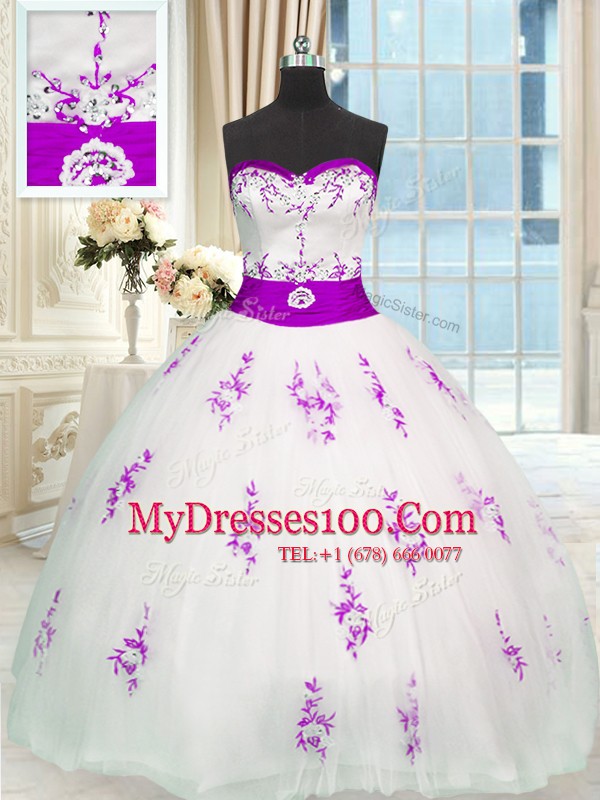 Charming Sweetheart Sleeveless 15 Quinceanera Dress Floor Length Appliques and Belt White Organza